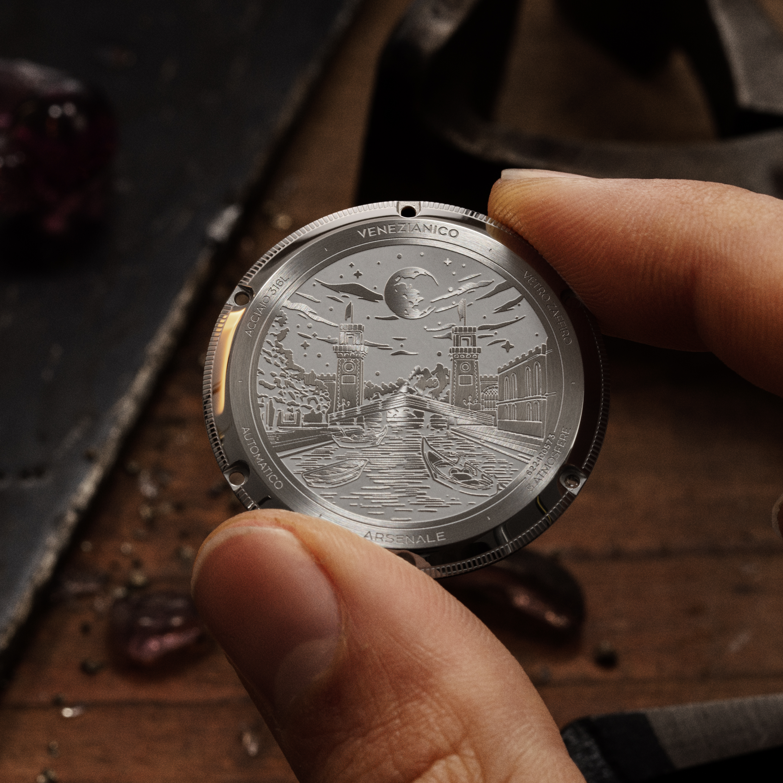 engraved caseback with arsenale towers of venice