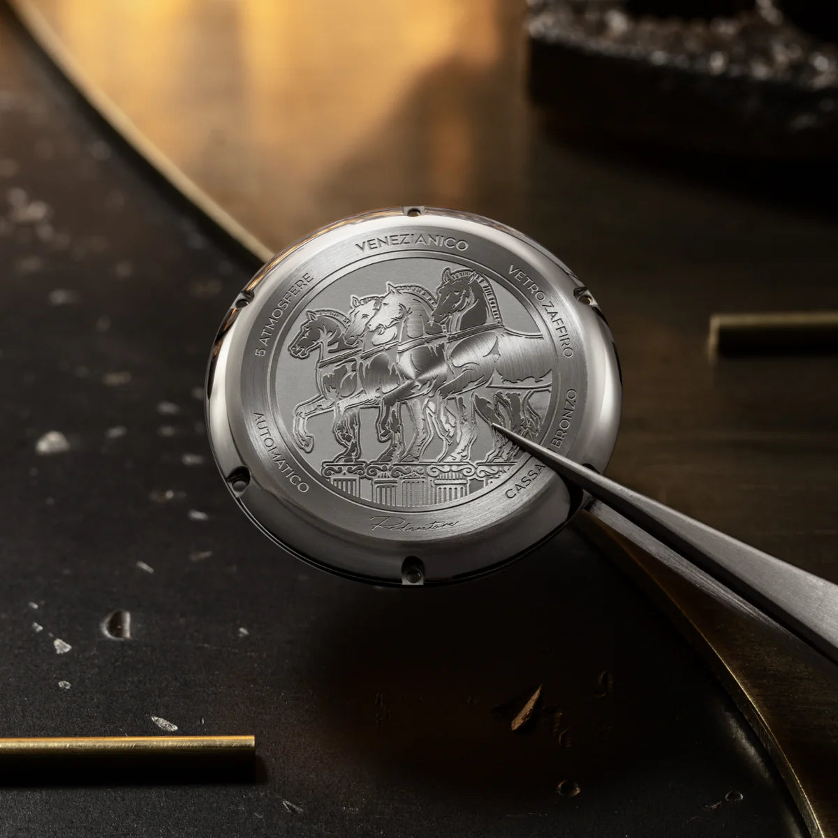 engraved case back with saint mark's square venice horses