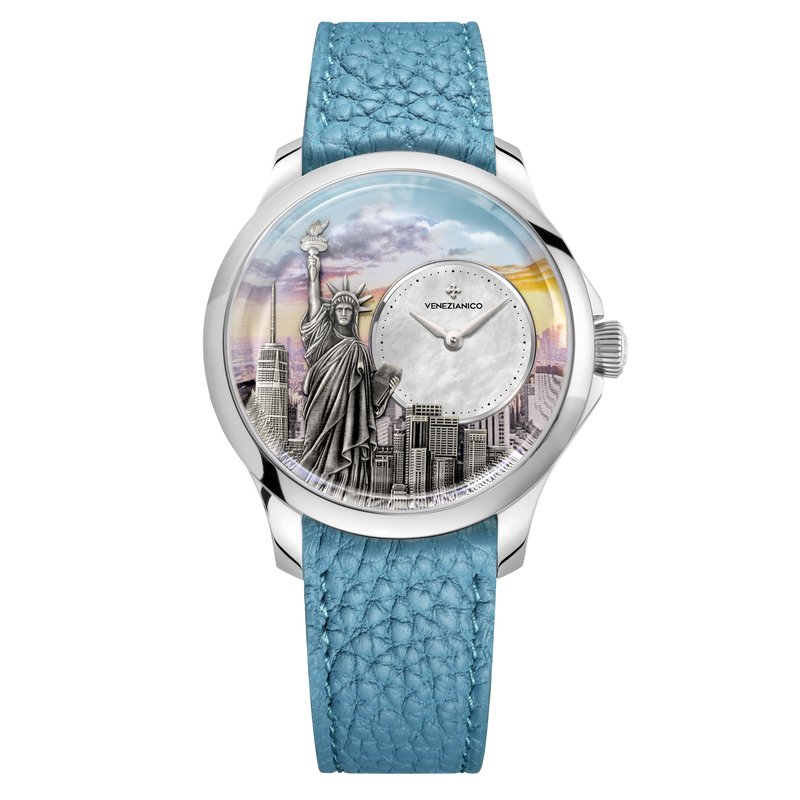 Venezianico Redentore Two Harbors on its blue leather strap